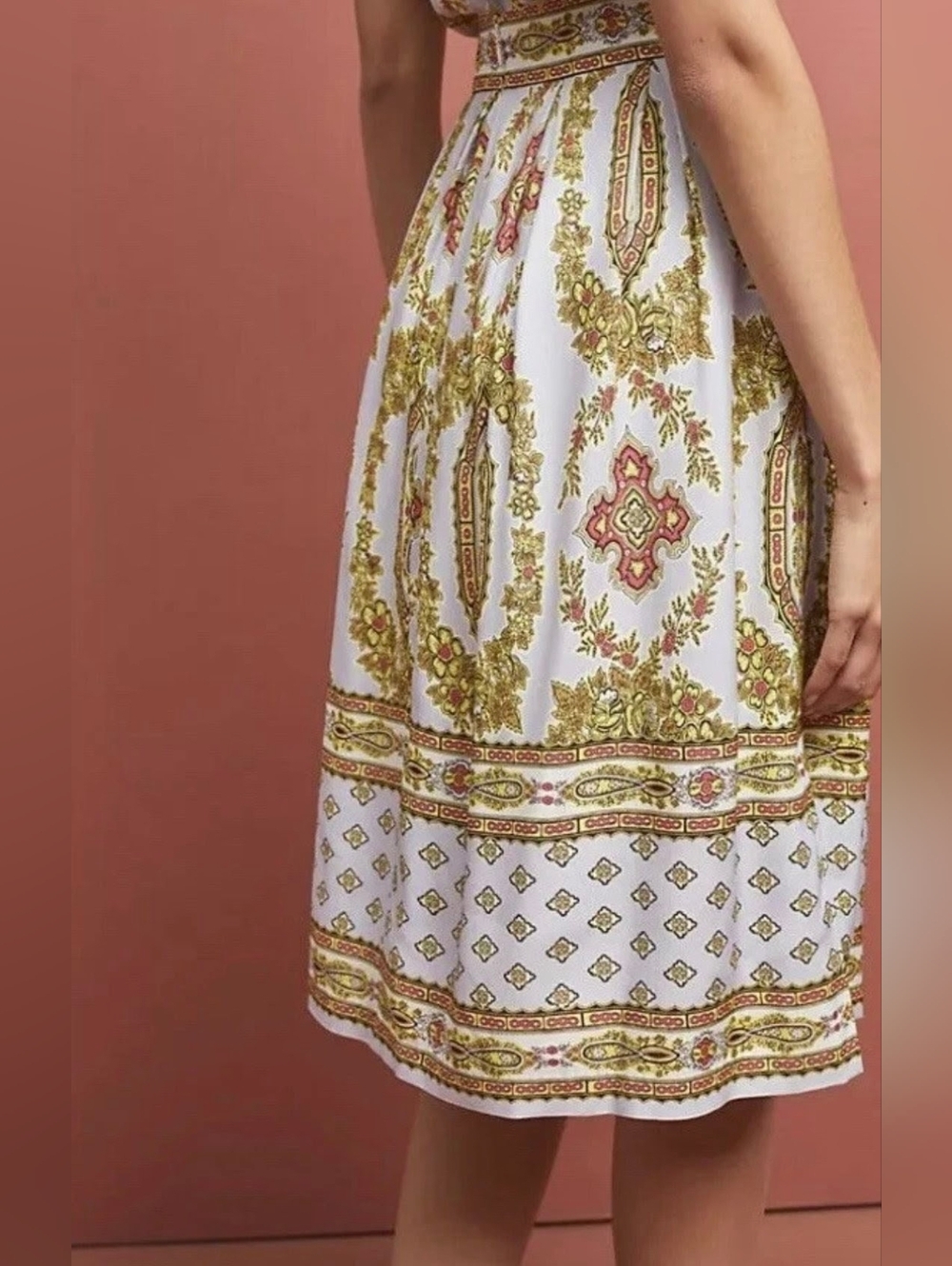 Anthropologie A line Midi White Skirt with Gold and Red Paisley Print 18W